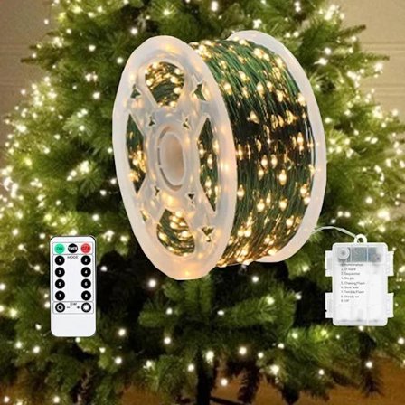 QU-LED Julgransljusslinga, Batteridriven, Juldekoration med 100/200/300 LED-lampor för Trädgård, Uteplats, Bröllopsdekorationer (Varmvit, 20 m)