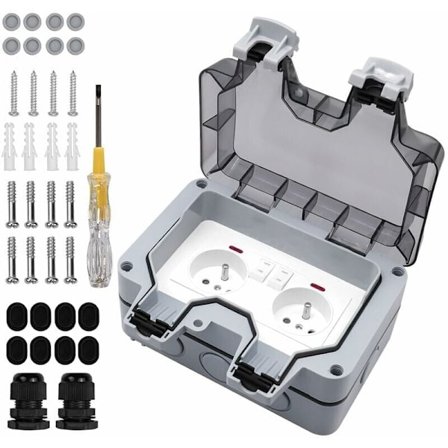 Vandtæt udendørs stikkontakt med afbryder og indikatorlys, dobbelt vandtæt stikkontakt forsænket fransk standardstik, AC250V/16A til køkken, 