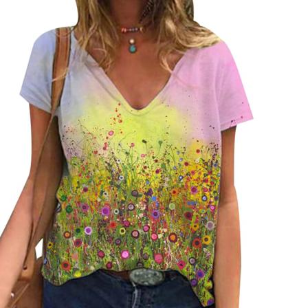Sommar Trend Färgglada Blommor Söt Print Dam T-shirt Ladi