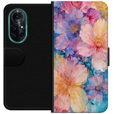 Yhteensopiva Lompakkokotelo Huawei Huawei nova 8 Pro Vesivärimaalaus suurilla kukilla vaaleanpunaisissa, sinisissä ja keltaisissa sävyissä pehmeä