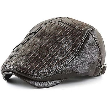 Mørk Curry Herre Flat Cap Hat Justerbar Flat Beret PU Læder 56-60cm