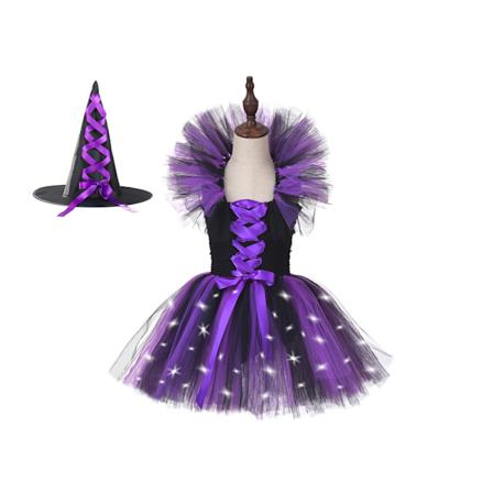 Hekse Kostume til Piger Børn Halloween Kostumer med Hexehat Puffy Tutu Kjole Party Rolleleg Tøj Purple L
