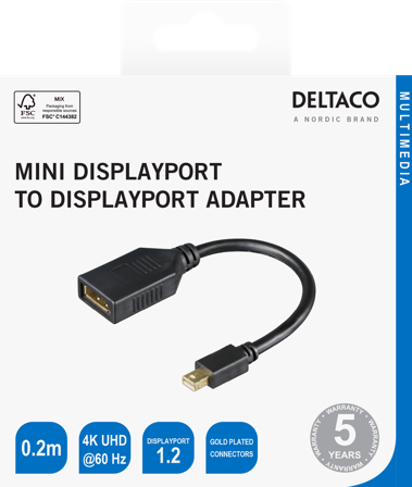 Deltaco DisplayPort - miniDisplayPort adapter, 4K UHD 60Hz, 0.2m