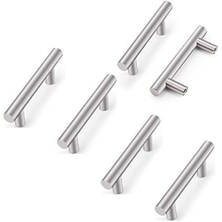 6 køkkenhåndtag i rustfrit stål til skabe, huld afstand 64 mm, T-håndtag til skabslåger og køkkenlåger