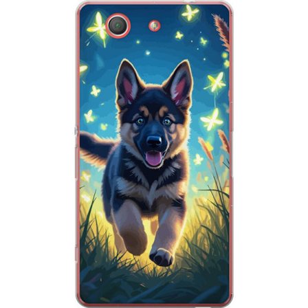 Kompatibelt Mobilskal till Sony Sony Xperia Z3 Compact Tysk schäfer valp affisch valp hund hoppar äng fjärilar söt hund illustration blå nattkons