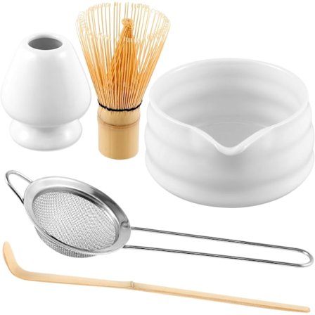 Aito Song-dynastian Matcha-setti: Keraaminen kulho, bambuvispilä (Chasen), kauha, siivilä ja pidikkeet - Valkoinen