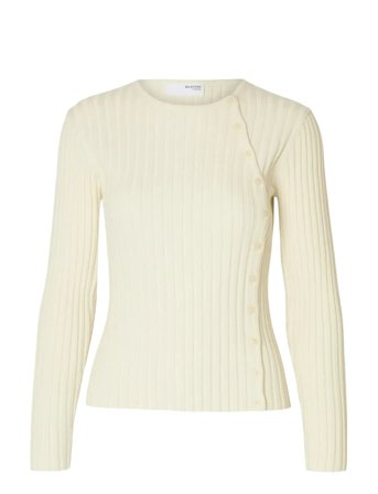 Slfhelen Ls Knit Button O-Neck Top White Selected