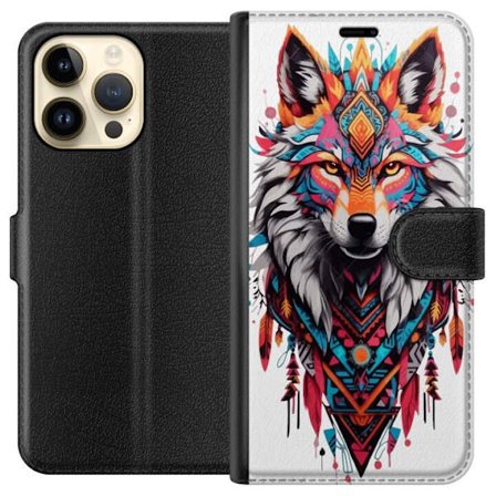 Kompatibelt Plånboksfodral till Apple Apple iPhone 15 Pro Max Tribal Wolf Spirit med Geometriska Mönster och Fjädrar