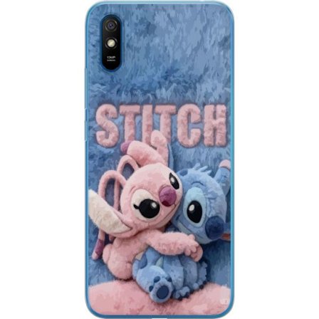 Xiaomi Redmi 9A Genomskinligt Skal Söta fluffiga Stitch och Angel kramas på ett mjukt pälsigt underlag med pastellfärger som skapar en varm och go