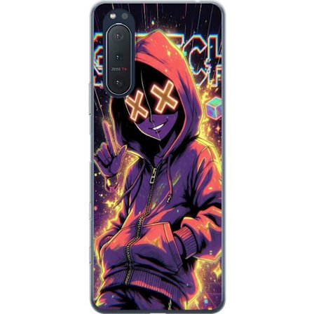 Kompatibelt Mobilskal till Sony Sony Xperia 5 II Cyberpunk-inspirerad hoodie-karaktär med neon, glitch-effekter och mask, futuristisk digital konst f
