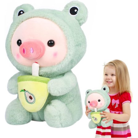 Plushdjur (Grodfluffa) 9.8 tum Pigg Plyschkudde Vändbar Mjuk Grön Cartoon Plyschdocka Grisar Dricker Boba Tea Plyschleksak Presenter till Pojke Flicka