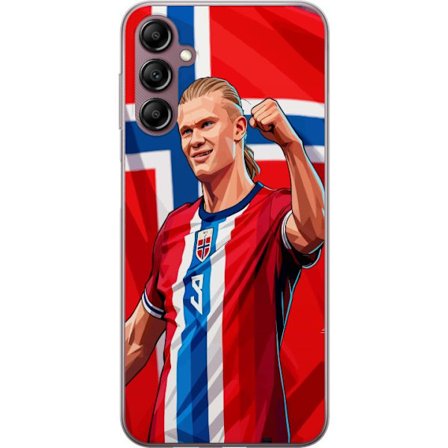 Kompatibelt Mobildeksel til Samsung Galaxy A14 5G Erling Haaland i Norges landslagstrøye foran det norske flagget med knyttneve