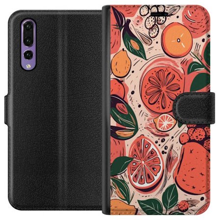 Kompatibel Tegnebogsetui til Huawei P20 Pro Håndtegnet collage af citrusfrugter, blade og bær i varm lyserød og orange farveskala