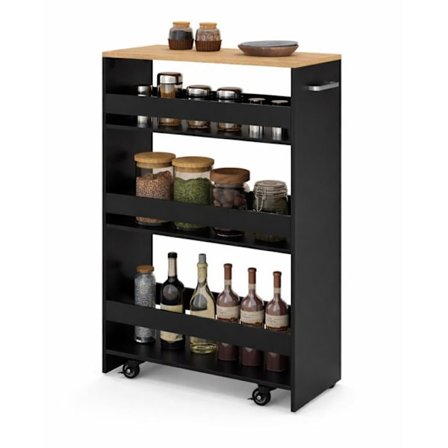 Kapea Keittiövaunu 25cm COSTWAY, Pyörät Jarruilla, 4-tasoinen Säilytyskärry Sivukahvalla, Musta ja Luonnollinen
