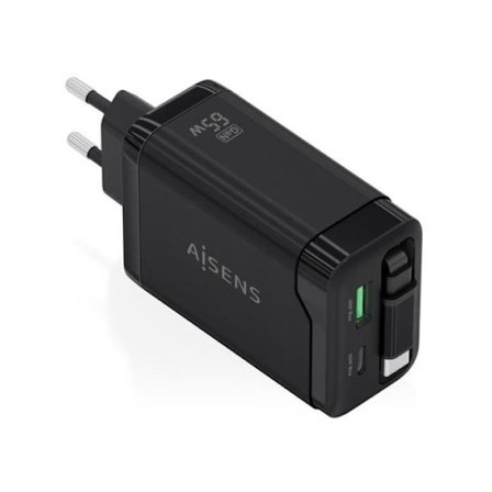 Aisens ASCH-65W3P071-BK Seinä Laturi GaN - 1xUSB Type-C - 1xUSB - 65W - Musta