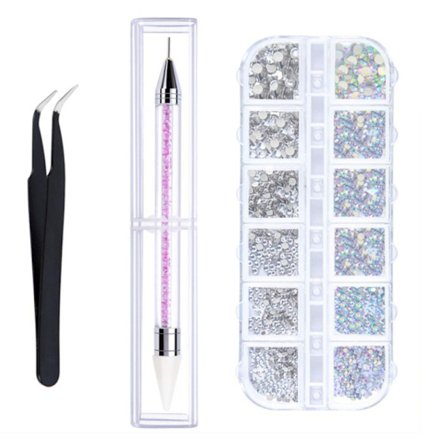 Sæt med 3 neglekunst-krystaller i klar farve (rosa) med pick-up-værktøj