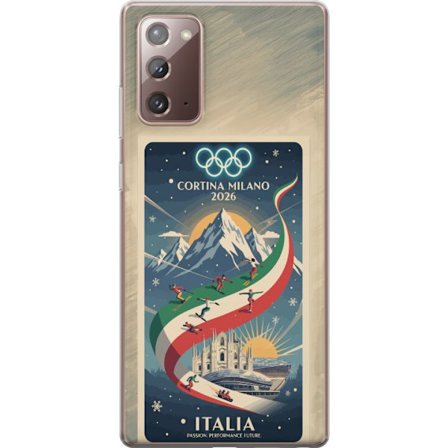 Yhteensopiva Puhelinkuori Samsung Galaxy Note20 Mäkihyppykuvitus, jossa hiihtäjä tähtää kiväärillä lumisella radalla, teksti Milano Cortina 2026 ja ol