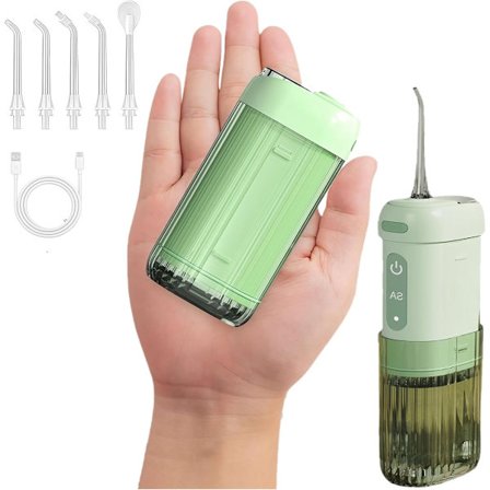 1 stk, Vannflosser for tenner, bærbar oral irrigator med 4 innstillinger, 5 floss-tupper, 200 ml teleskopisk vanntank, IPX7 vanntett, oppladbar