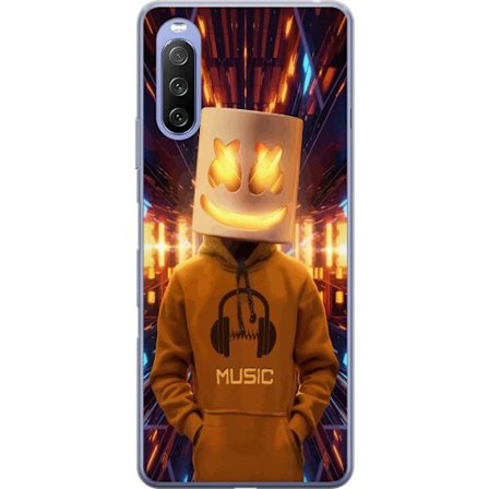 Yhteensopiva Puhelinkuori Sony Sony Xperia 10 III Lite DJ-hahmo valaisevassa kypärässä ja hupparissa futuristisessa musiikkiympäristössä neonval