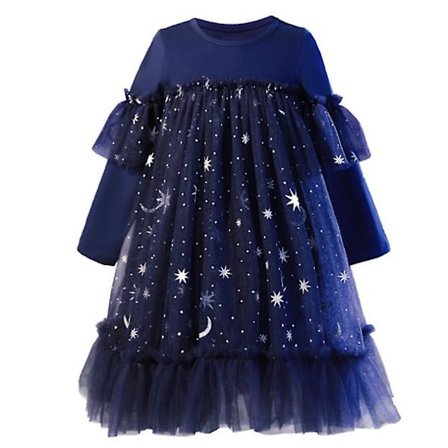 Jentedress for vår og høst 2022 - Bursdagsprinsedresse med stjerner og paljetter, nettingkjole for barn