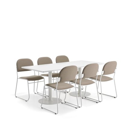 Möbelgrupp VERTICUS + DAWSON, 1 bord + 6 Beige/vit stolar