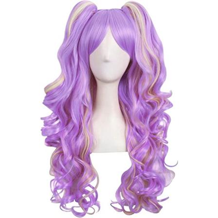 Monivärinen pitkä kihara clip-on-poninhäntä cosplay-peruukki (vaaleanvioletti/keltainen)