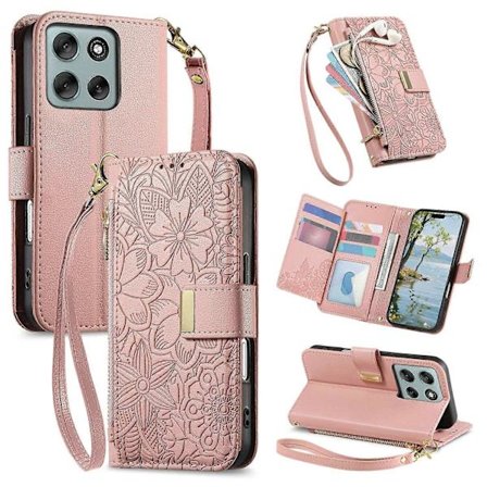 Blomstermønstret mobildeksel med flere kortspor og glidelås i skinn til Motorola Moto G56 5G med W [DB]