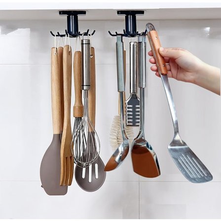 2 stk. 360° Drejelige Brugskroge, Under Skab Køkkenkroge, Spikersfri Klæbende Køkkenredskabs Kroge til Køkken