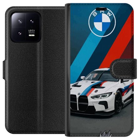 Kompatibelt Plånboksfodral till Xiaomi Xiaomi 13 BMW M Sport design med vit racingbil och klassiska M ränder exklusivt bilmotiv perfekt för motorsp