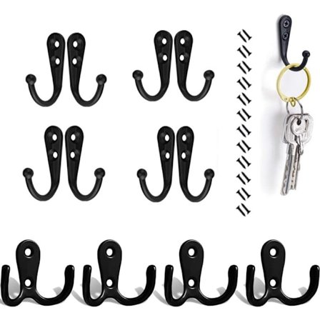 12-pakning Svarte Doble Krok Vegghengere med Skruer - Solid Jakke, Veske, Skjerf, Nøkkelholder