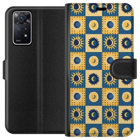 Kompatibel Tegnebogsetui til Xiaomi Redmi Note 11 Pro 5G Symmetrisk rutedesign med sol og måne i gul og blå retrostil