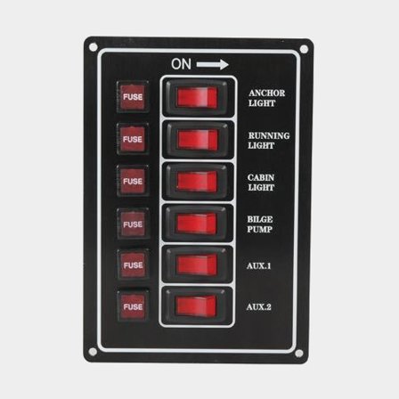 Přepínačový panel / pojistkový panel, 12 V, 10 A, 6 spínačů, vertikální
