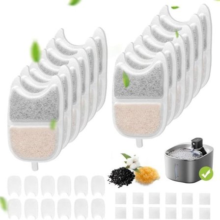 Kattfontänfilter, 12-pack ersättningsfilter och 24-pack ersättningsskumfilter med harts och aktivt kol för 4L kattvattenfontän