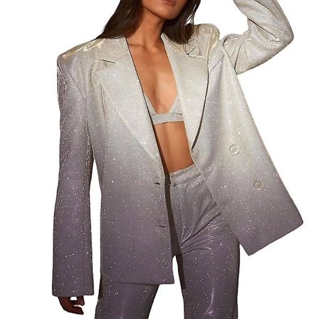 Paljett Silver Blazer Coat Crop Top Enfärgad Kostym För Kvinnor - Mode/casual Bodycon Vacker Vår/sommarkläder