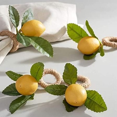 Handgjorda servettringar (citron) Set om 4, gula konstgjorda citroner med vinranka servettring för bröllop, middag, bankett, servett för jul, 