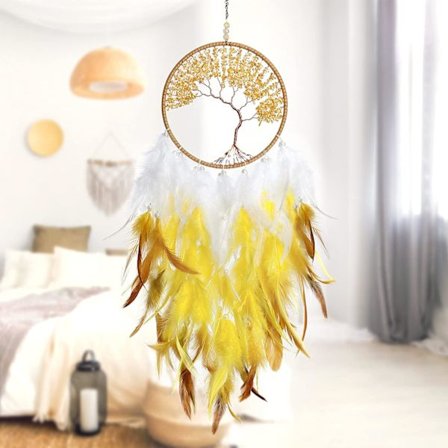 Handgjord Crystal Bohemian Tree of Life Dreamcatcher Feather Dreamcatcher Heminredning för sovrumsbröllop, (Gul)