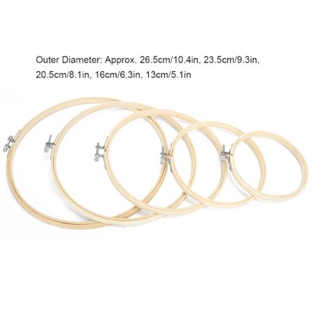 5 stk. runde broderirammer, korsstingsrammer, ringløkke, bambus, håndsømningsværktøjer