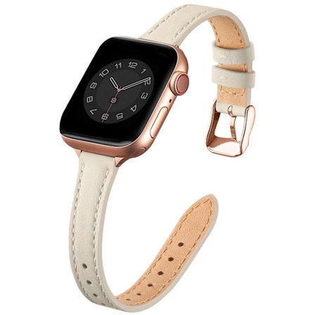 Læderrem Kompatibel med Apple Watch 41mm 40mm 38mm, Slank Tynd Læder Udskiftningsrem, til Kvinder Mænd Beige&Rose Gold