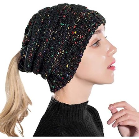 Svart Messy Bun Ponytail Mössa Beanie Hat Färgade Prickar Kabel Stickad Mössa f