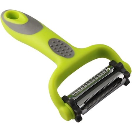 Grønnsak- og fruktskrellemaskin, Julienne-skrellemaskin, 3 i 1 multifunksjonell roterende skrellemaskin, 3 rustfrie stålblad: Tagget, rett, Julienne. 