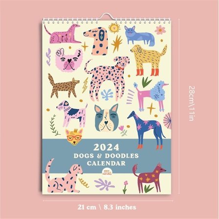 2024 Kunstkalender A4 Månedlig Væghængt Planlægger & Kladdeillustrationer 12 Måneder Hængende Kalender