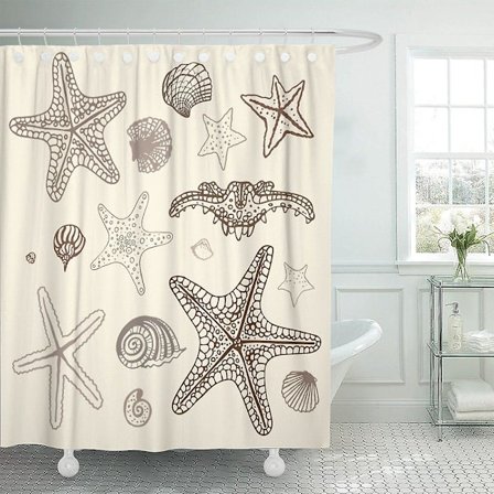 Beige Shell Sea Starfish Collection Håndtegnet Strand Silhouette Vintage Marine Retro Animal Aqua Bruseforhæng 160x180 Cm