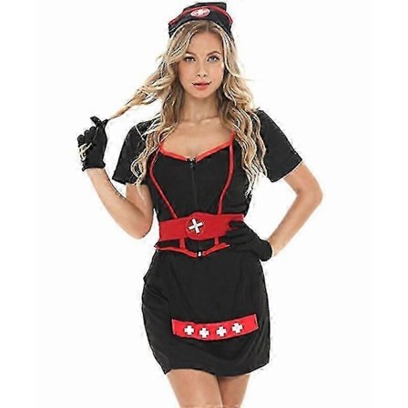 Sexet Kvinde Hjertestop Mørk Sygeplejerske Kostume Cosplay Uniform Sort Rød Top Nederdel Sæt Halloween Rollespil Fancy Kjole