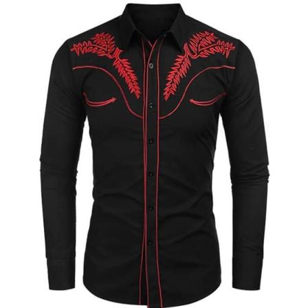 Broderad långärmad Slim Fit-skjorta för män Black 5XL