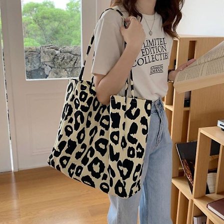 Handväska Rosa Leopard Axelväska Dam Stor Kapacitet Casual Tote Väskor Dam Söt Canvas Väskor Hink Handväska(L Beige)