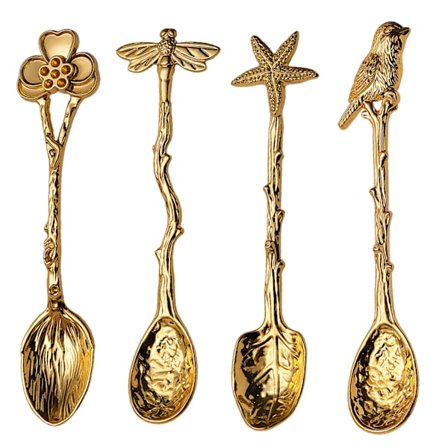 4 stk. retro kreative kaffeskjeer, med fugler, sjøstjerner, øyenstikkere og blomster