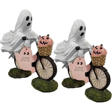 /EA/2 stk. spøgelser på cykler Rosa græskardekoration | Uhyggeligt spøgelse på cykler | Spøgelse på cykel statue | Spøgelse på cykel | 2 stk.