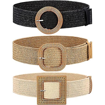 3 stk. Stråvevd elastisk midjebelte for kvinner, bohemsk kjoleflettet belte