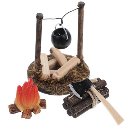 Miniatyr Dockhus Tillbehör Retro Lägereld Ved Camping Kit för Mikro Landskapsmodeller – Intrikata Detaljer för DIY Scener och Dockhusinredning