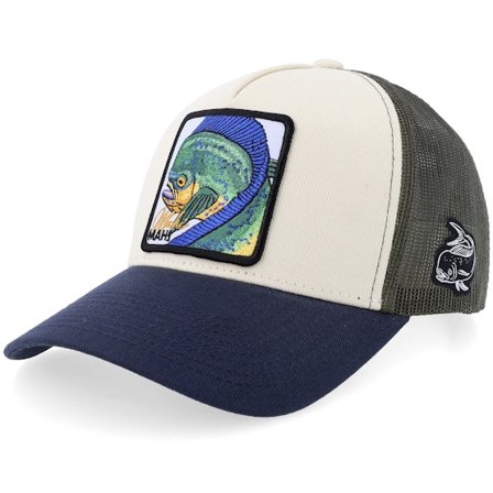Skillfish - Beige trucker Caps - Mahi Mahi Sport Fishing Stone/Olive/Navy A-frame Trucker @ Hatstore